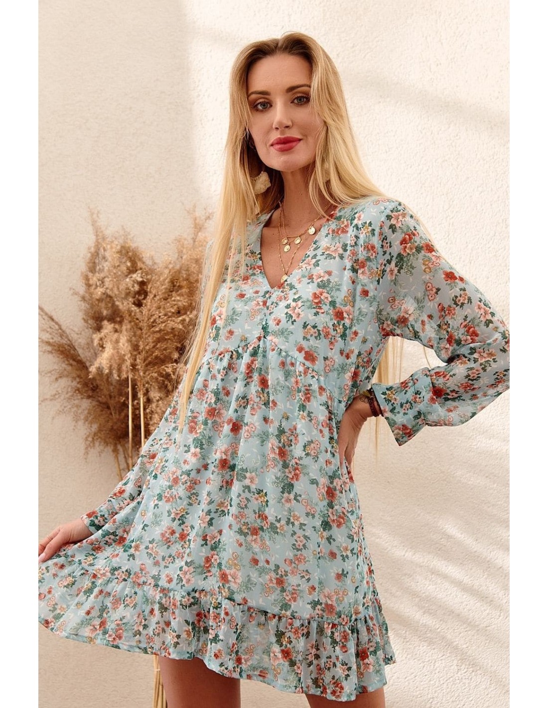 Floral dress with ruffles, mint PR1892 - Online store - Boutique